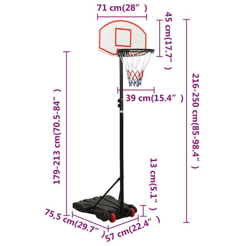 vidaXL fehér polietilén kosárlabda állvány 216-250 cm