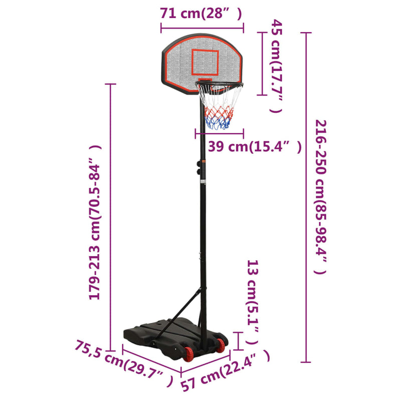 vidaXL fekete polietilén kosárlabda állvány 216-250 cm