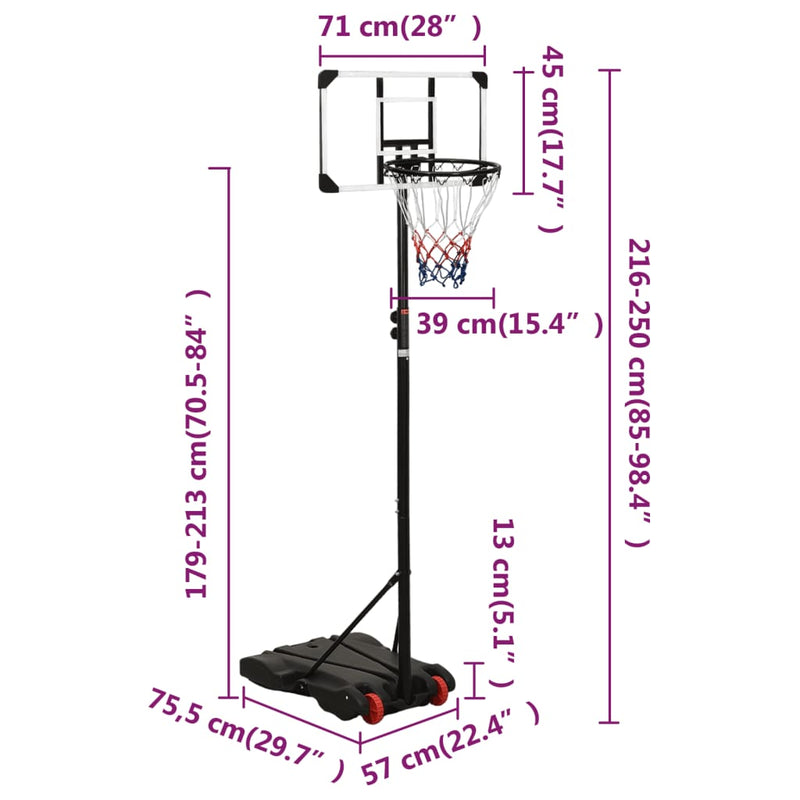 vidaXL átlátszó polikarbonát kosárlabdaállvány 216-250 cm