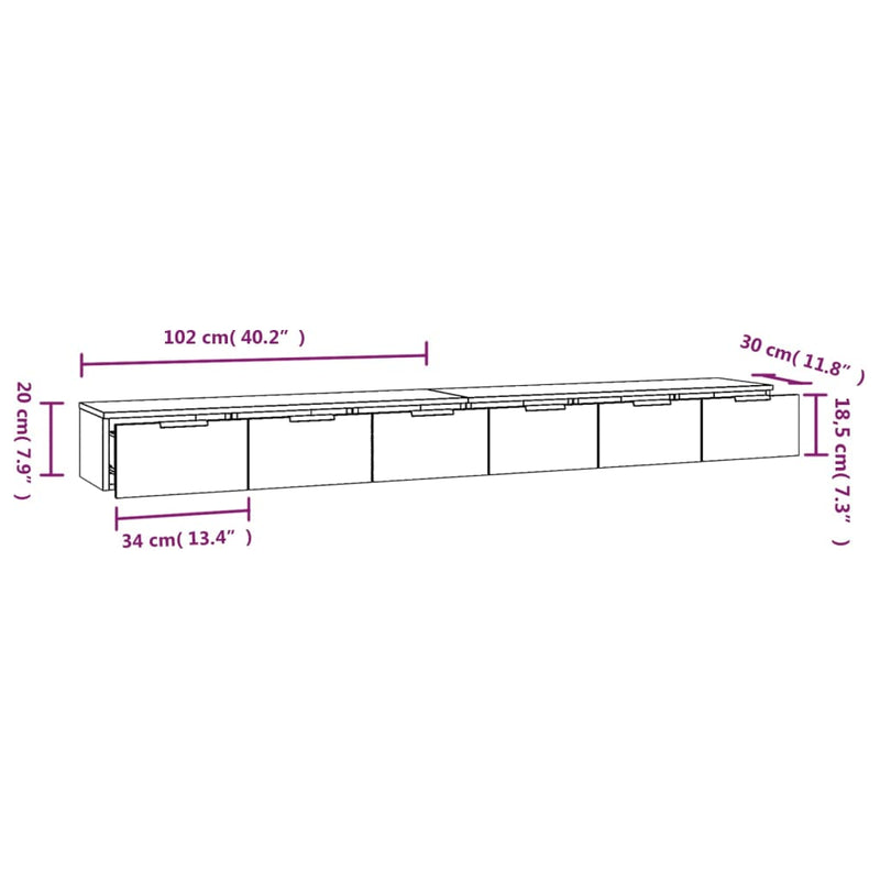 vidaXL 2 db füstös tölgy színű szerelt fa faliszekrény 102x30x20 cm