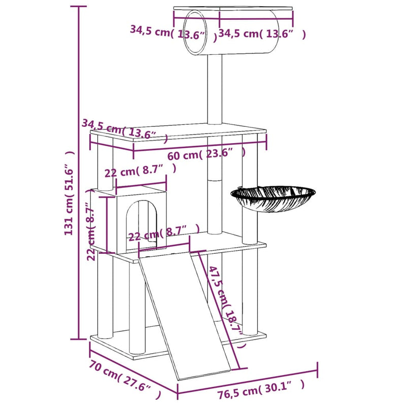 vidaXL krémszínű macskabútor szizál kaparófákkal 131 cm
