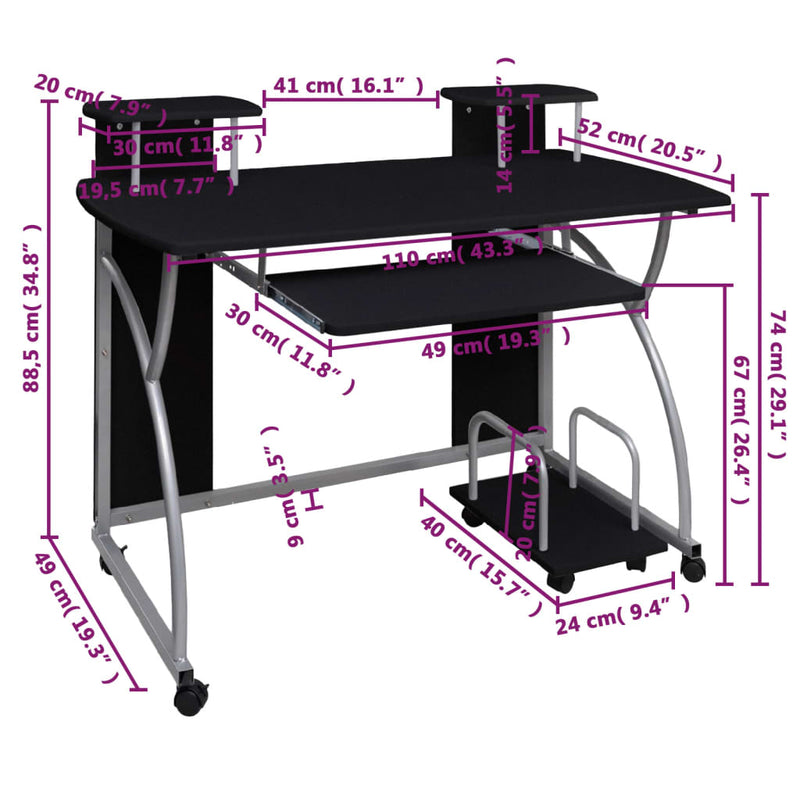 vidaXL fekete szerelt fa számítógépasztal 110 x 52 x 88,5 cm