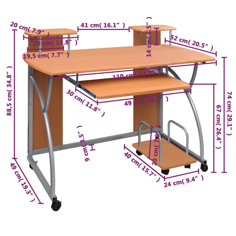 vidaXL barna szerelt fa számítógépasztal 110 x 52 x 88,5 cm