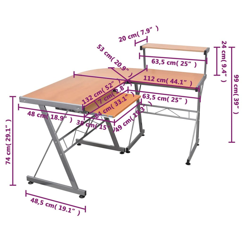 vidaXL Barna szerelt fa sarok számítógépasztal 132 x 112 x 99 cm