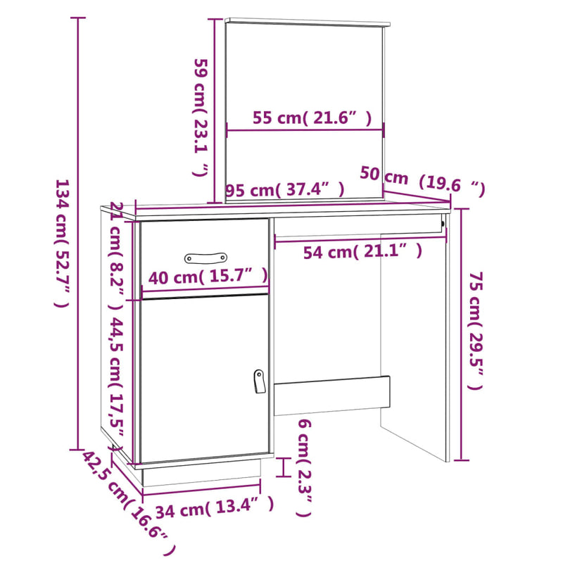 vidaXL mézbarna tömör fenyőfa fésülködőasztal 95 x 50 x 134 cm