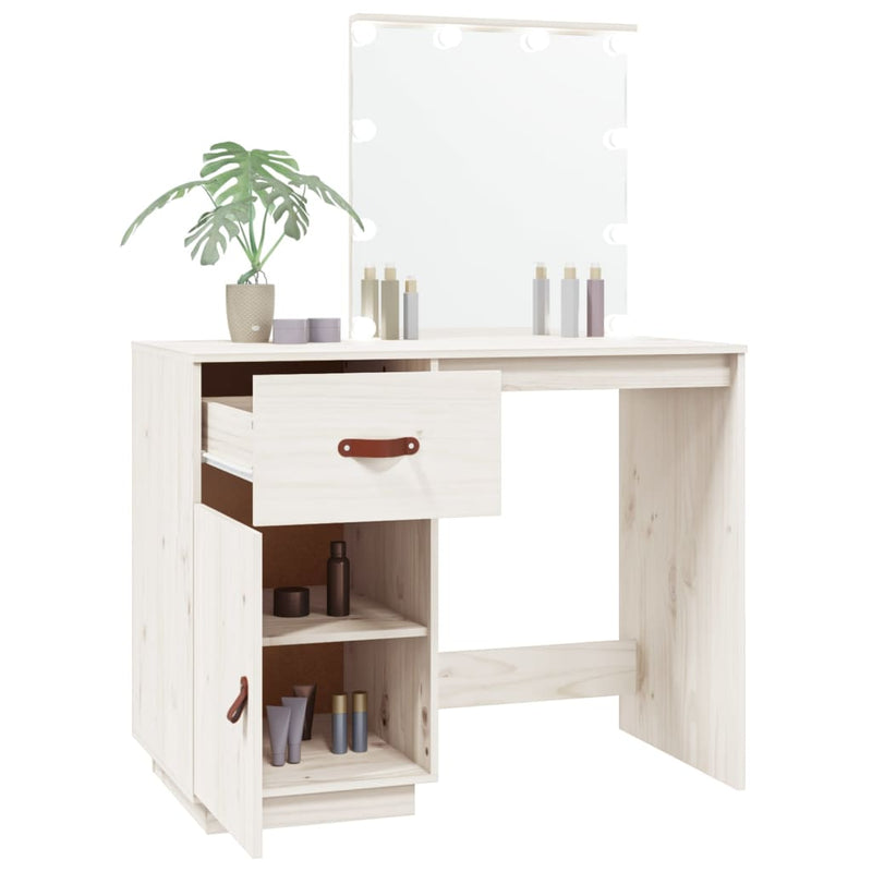 vidaXL fehér tömör fenyőfa fésülködőasztal LED-del 95 x 50 x 133,5 cm