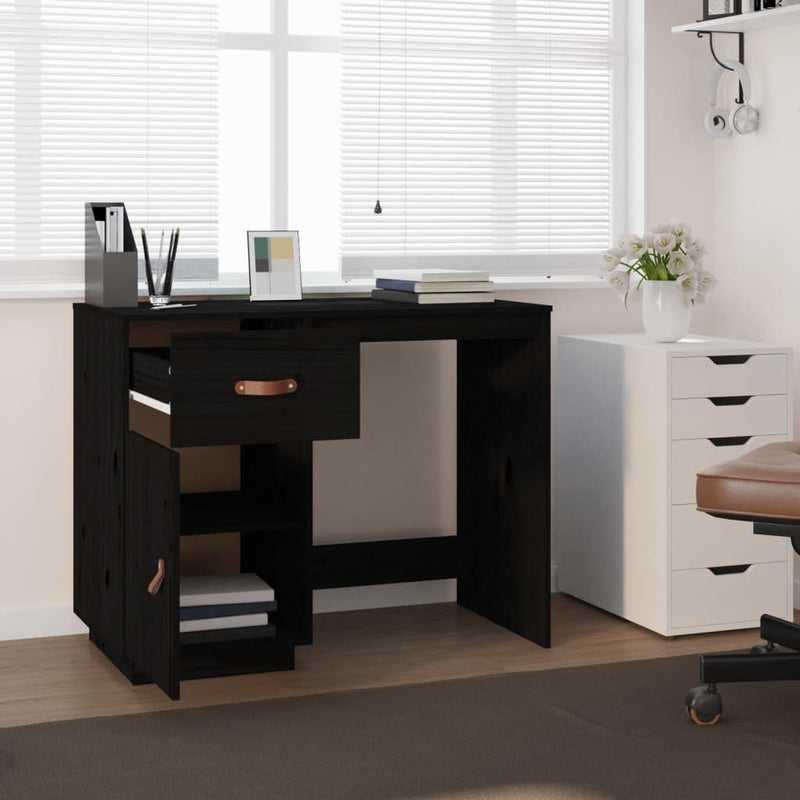 vidaXL fekete tömör fenyőfa íróasztal 90 x 50 x 75 cm