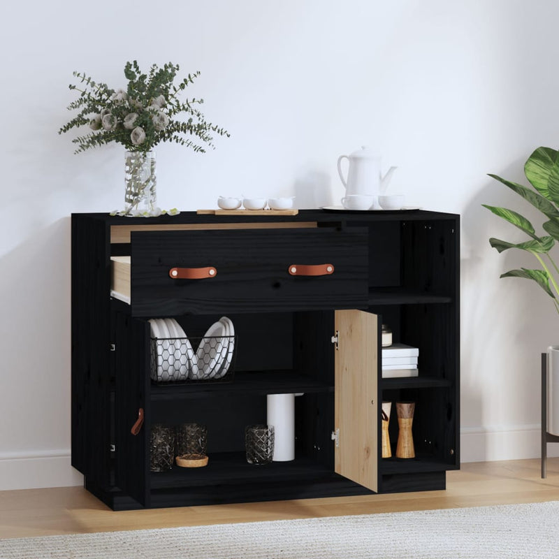 vidaXL fekete tömör fenyőfa tálalószekrény 98,5x40x75 cm