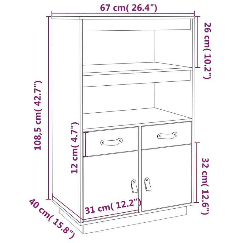vidaXL fekete tömör fenyőfa magasszekrény 67 x 40 x 108,5 cm