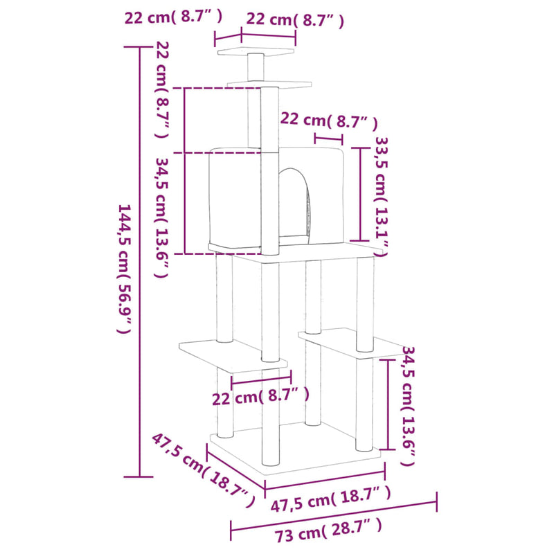 vidaXL világosszürke macskabútor szizál kaparófákkal 144,5 cm