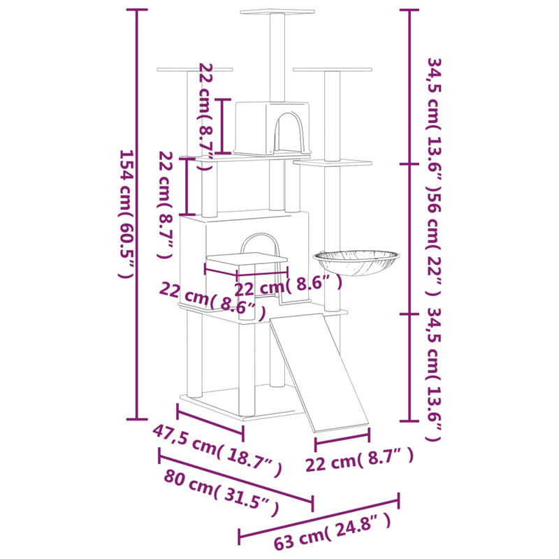 vidaXL krémszínű macskabútor szizál kaparófákkal 154 cm