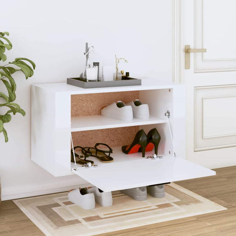 vidaXL magasfényű fehér szerelt fa fali cipőszekrény 70 x 35 x 38 cm