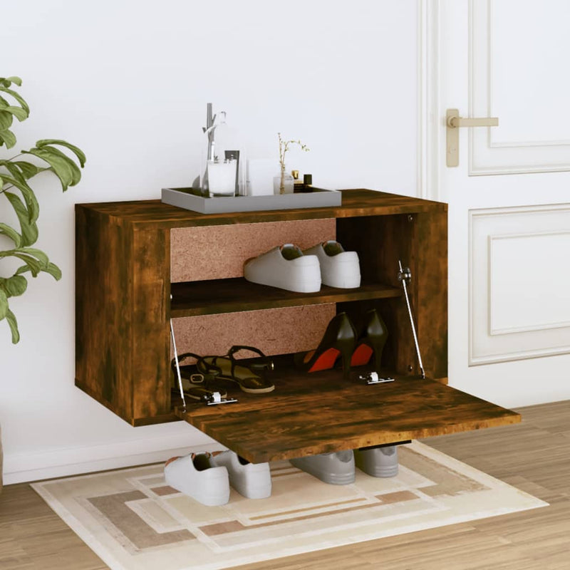 vidaXL füstös tölgy színű tömör fenyőfa fali cipőszekrény 70x35x38 cm