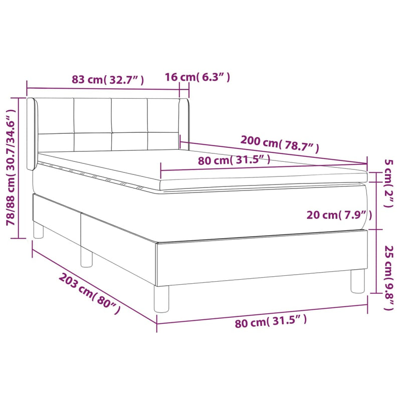 vidaXL világosszürke bársony rugós ágy matraccal 80 x 200 cm