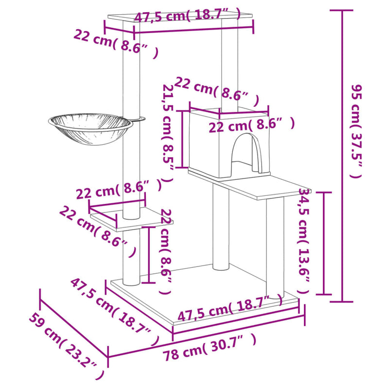 vidaXL világosszürke macskabútor szizál kaparófákkal 95 cm