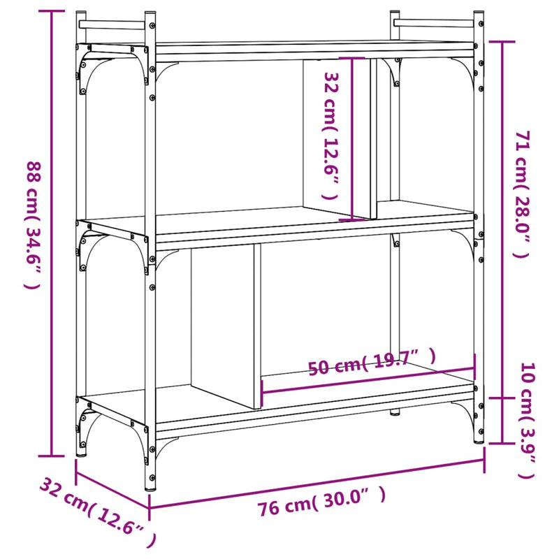 vidaXL 3 szintes sonoma tölgy színű fa könyvespolc 76 x 32 x 88 cm