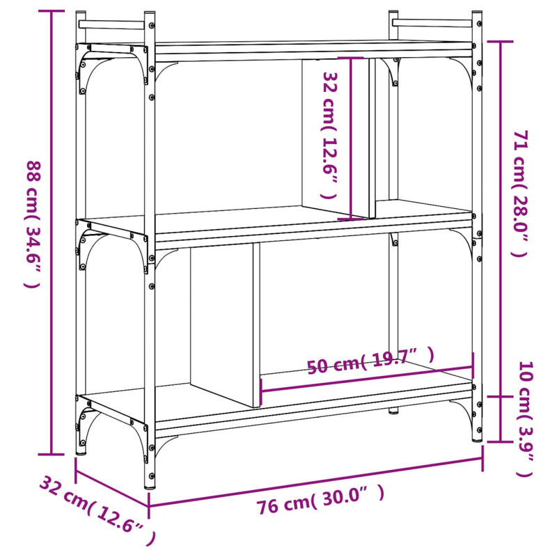 vidaXL 3 szintes füstös tölgy színű fa könyvespolc 76 x 32 x 88 cm
