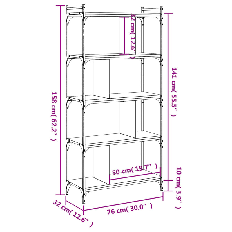 vidaXL 5 szintes fekete szerelt fa könyvespolc 76 x 32 x 158 cm