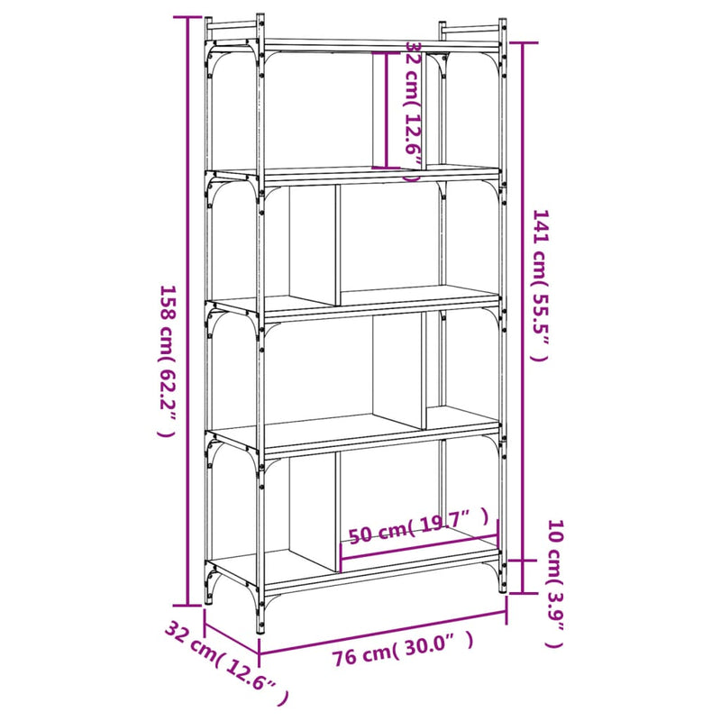 vidaXL 5 szintes sonoma tölgy színű fa könyvespolc 76 x 32 x 158 cm