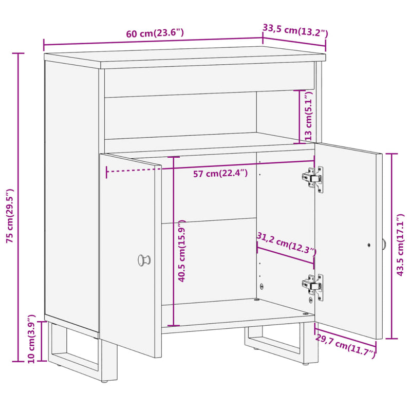 vidaXL barna és fekete tömör mangófa kisszekrény 60x33,5x75 cm