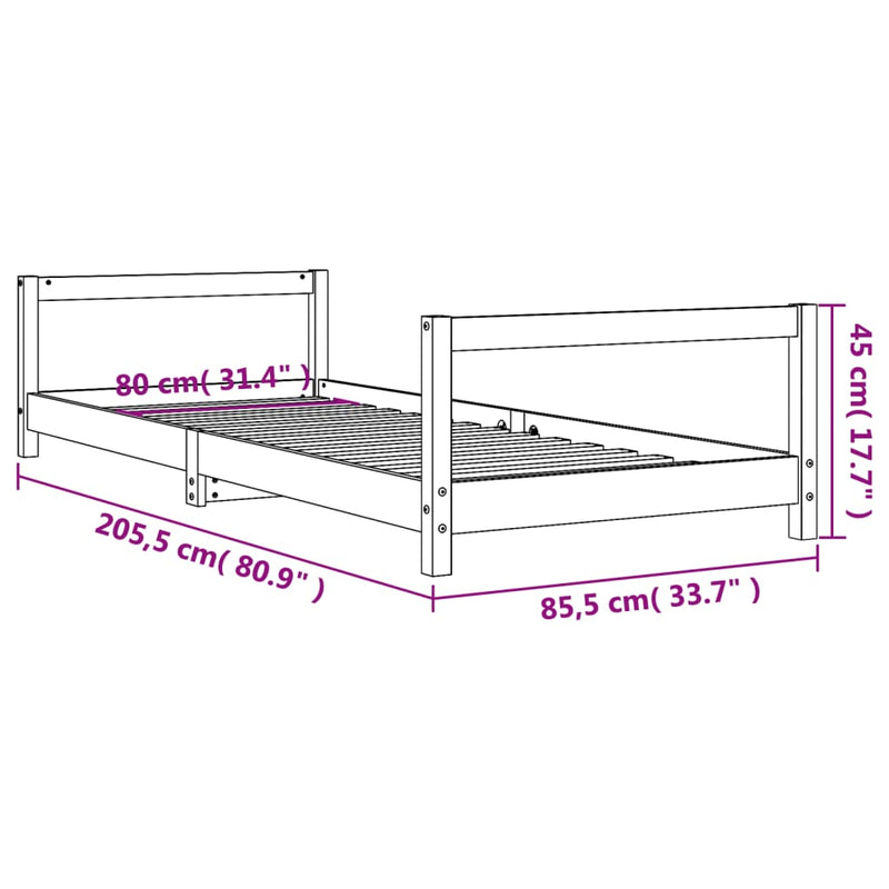 vidaXL fekete tömör fenyőfa gyerekágykeret 80 x 200 cm