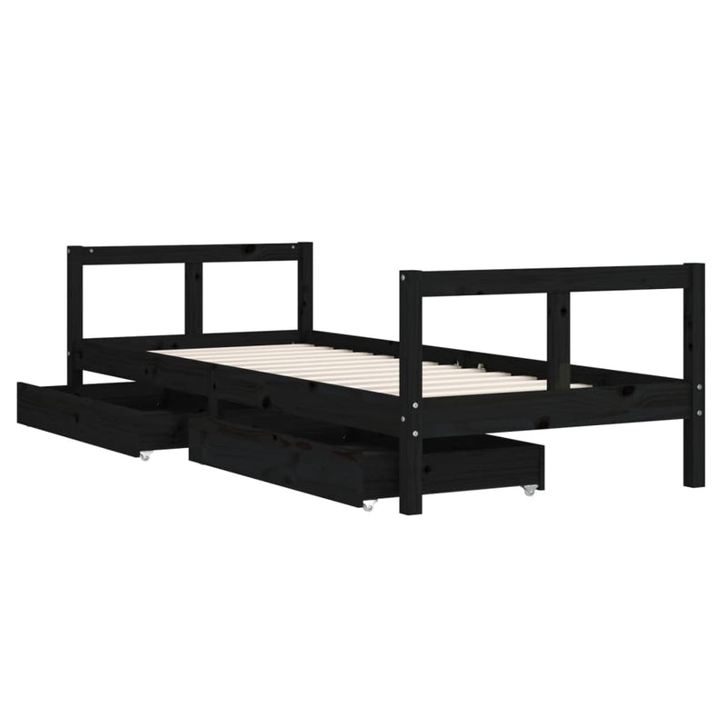 vidaXL fekete tömör fenyőfa gyerekágykeret fiókokkal 80 x 200 cm