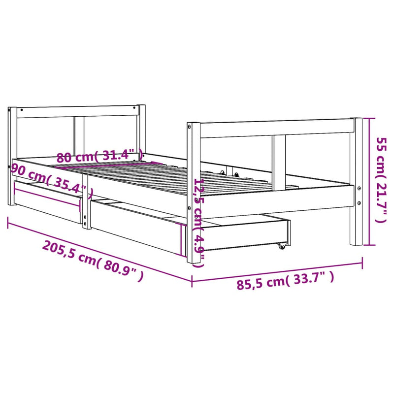 vidaXL fekete tömör fenyőfa gyerekágykeret fiókokkal 80 x 200 cm