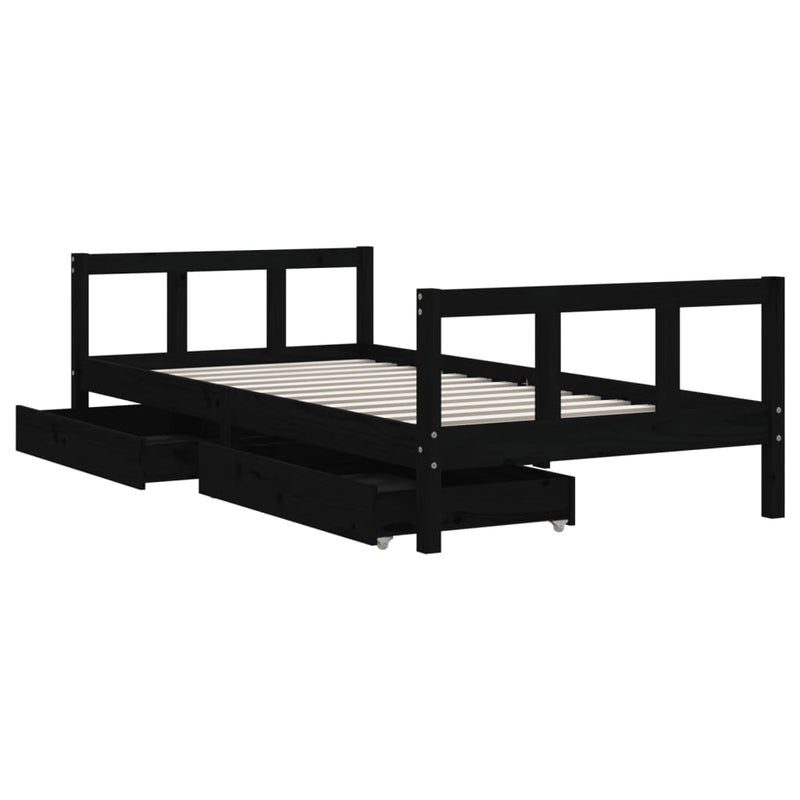 vidaXL fekete tömör fenyőfa gyerekágy keret fiókkal 90x190 cm