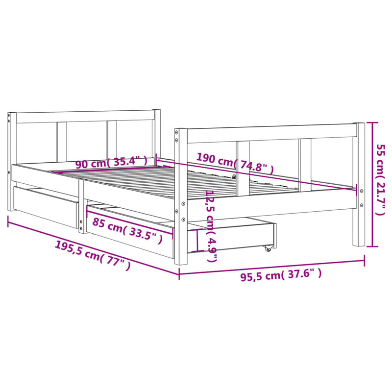vidaXL fekete tömör fenyőfa gyerekágy keret fiókkal 90x190 cm