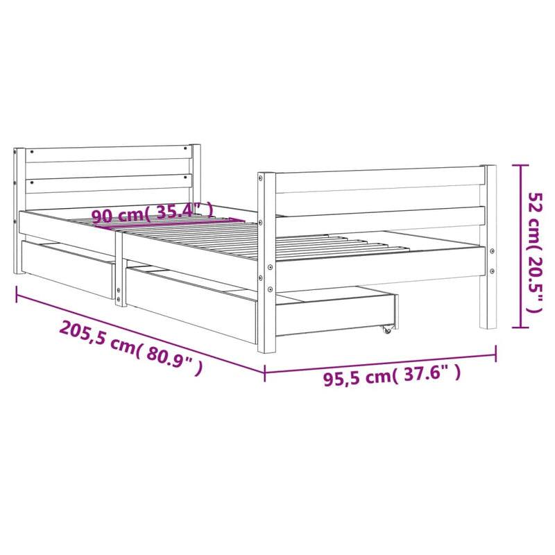 vidaXL fehér tömör fenyőfa gyerekágykeret fiókokkal 90 x 200 cm