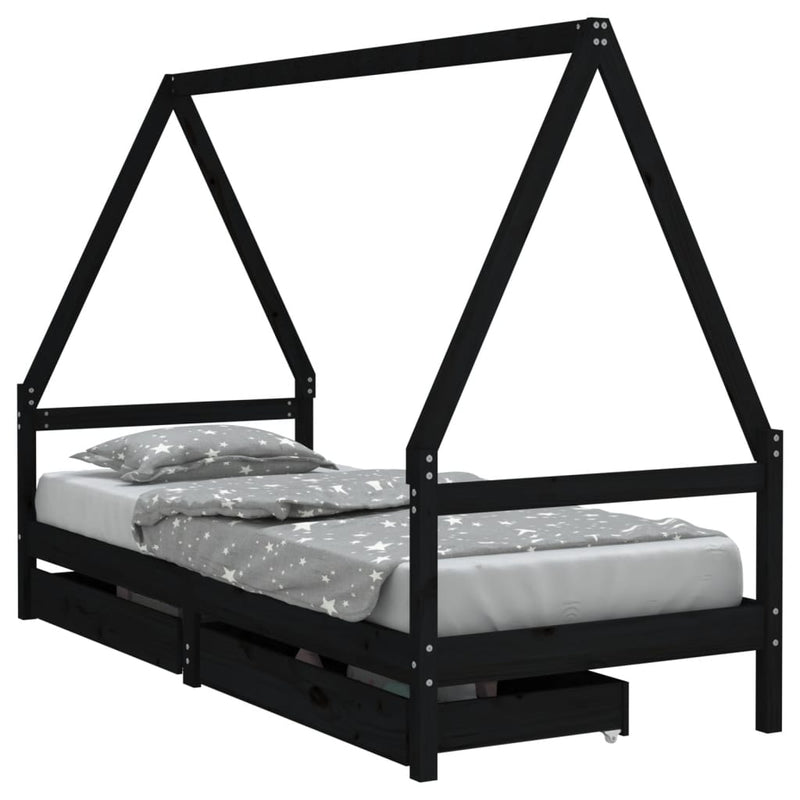 vidaXL fekete tömör fenyőfa gyerekágykeret fiókokkal 90 x 200 cm