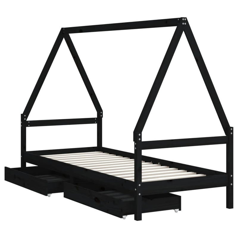 vidaXL fekete tömör fenyőfa gyerekágykeret fiókokkal 90 x 200 cm