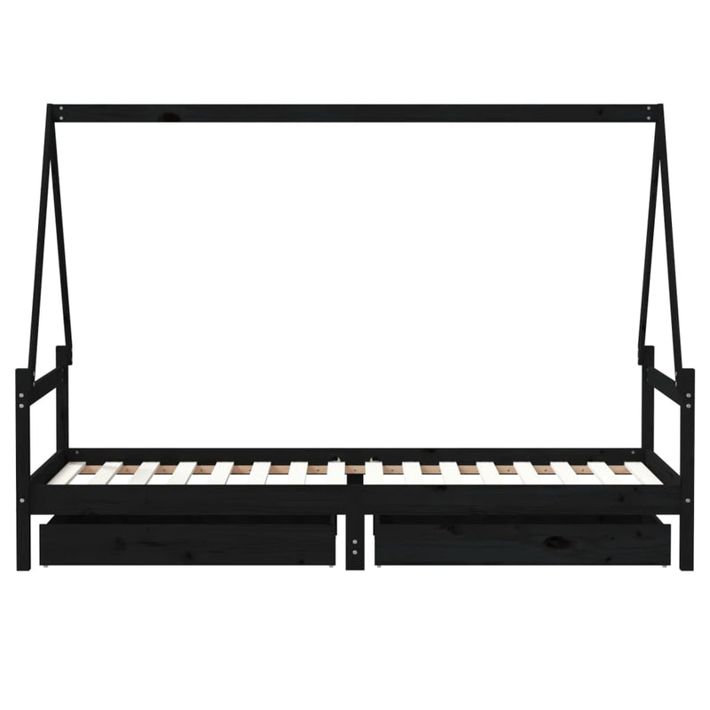 vidaXL fekete tömör fenyőfa gyerekágykeret fiókokkal 90 x 200 cm
