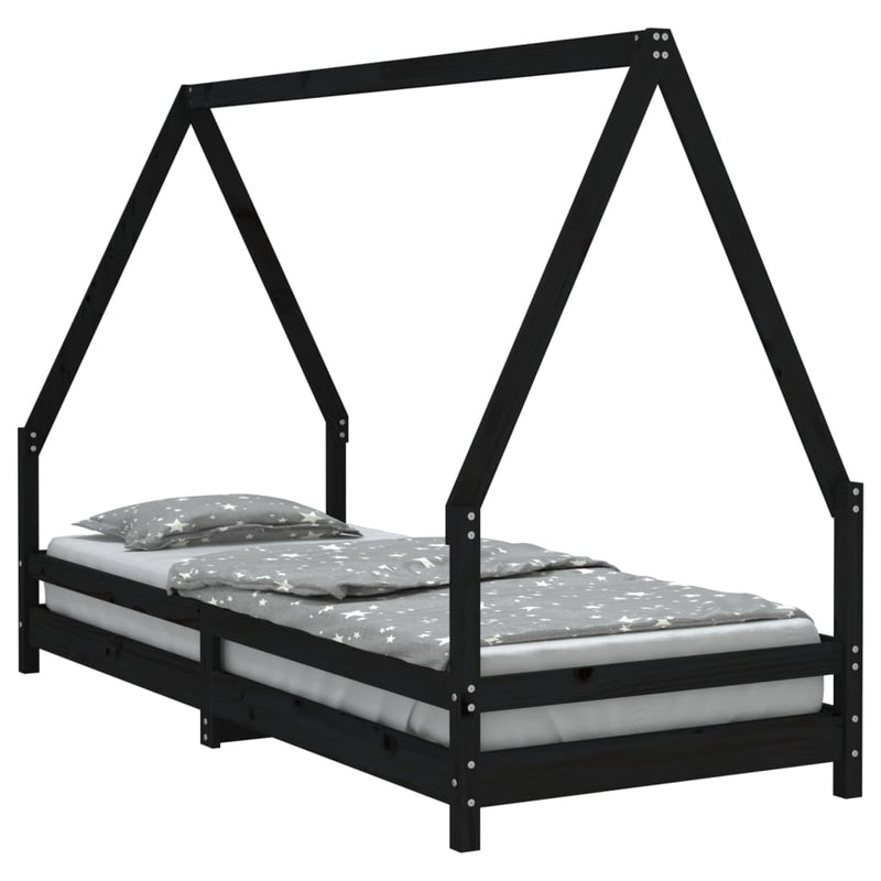 vidaXL fekete tömör fenyőfa gyerekágykeret 90 x 200 cm