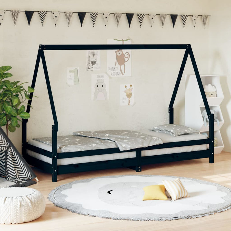 vidaXL fekete tömör fenyőfa gyerekágykeret 90 x 200 cm
