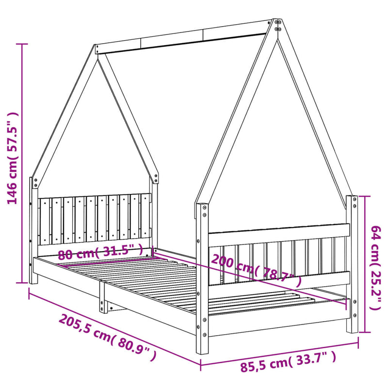 vidaXL fekete tömör fenyőfa gyerekágykeret 80 x 200 cm