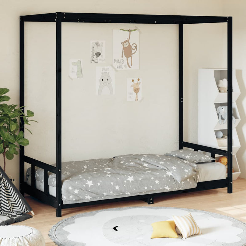 vidaXL fekete tömör fenyőfa gyerekágykeret 90 x 200 cm