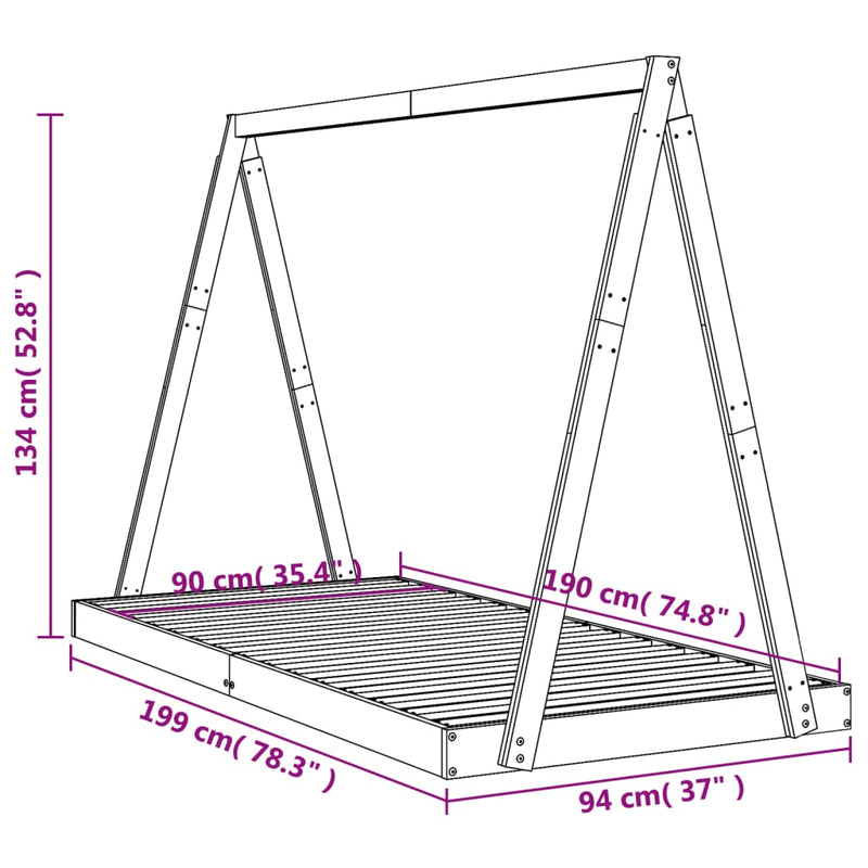 vidaXL fekete tömör fenyőfa gyerekágykeret 90 x 190 cm