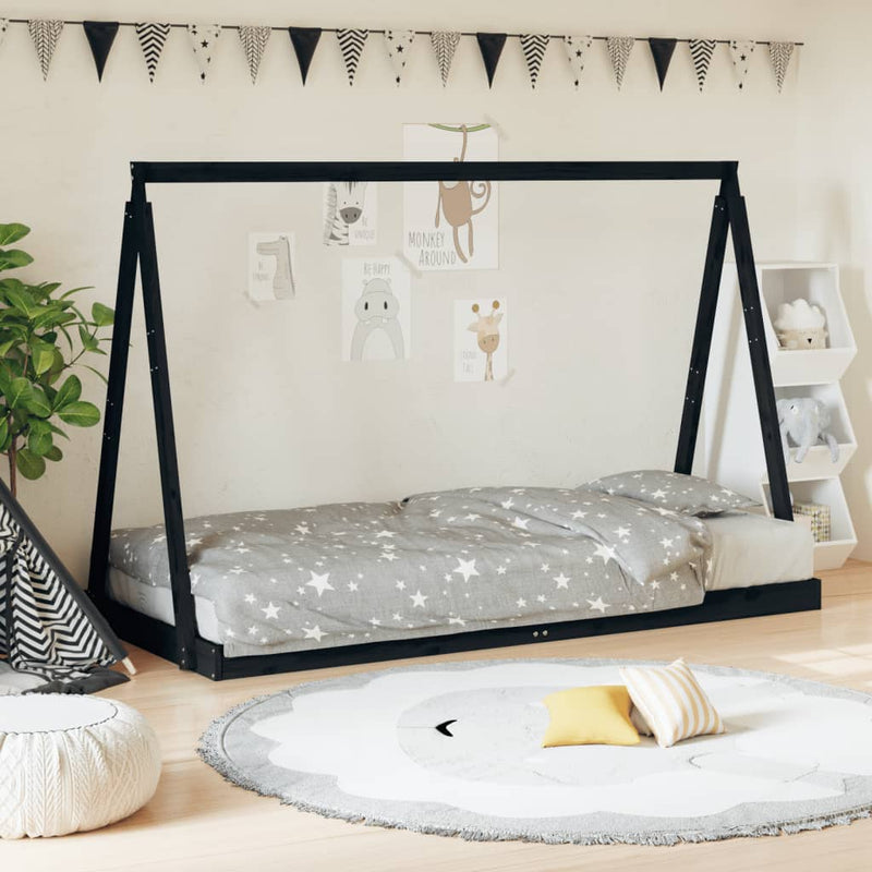vidaXL fekete tömör fenyőfa gyerekágykeret 90 x 190 cm