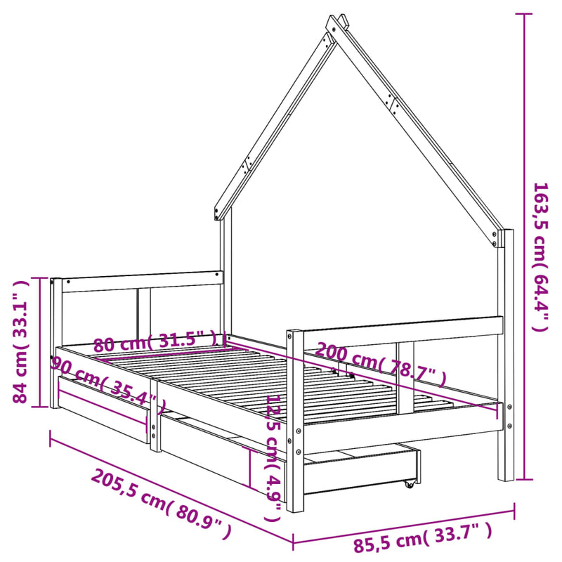 vidaXL tömör fenyőfa gyerekágykeret 80 x 200 cm