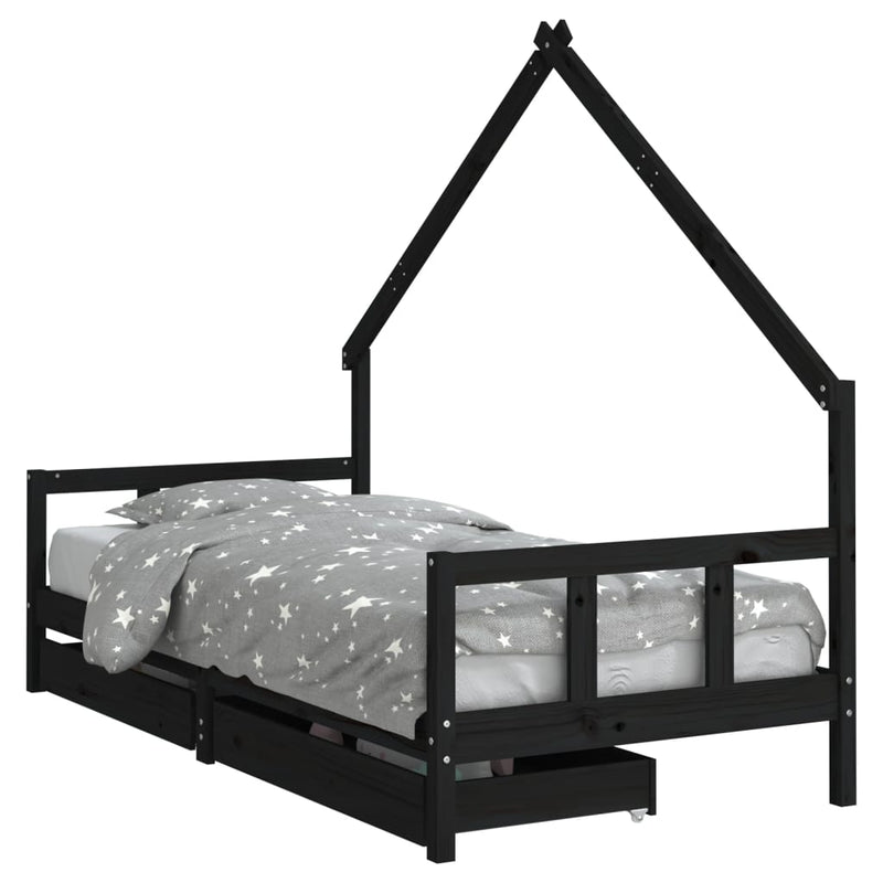 vidaXL fekete tömör fenyőfa gyerekágykeret fiókokkal 90 x 200 cm