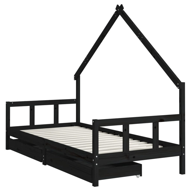 vidaXL fekete tömör fenyőfa gyerekágykeret fiókokkal 90 x 200 cm
