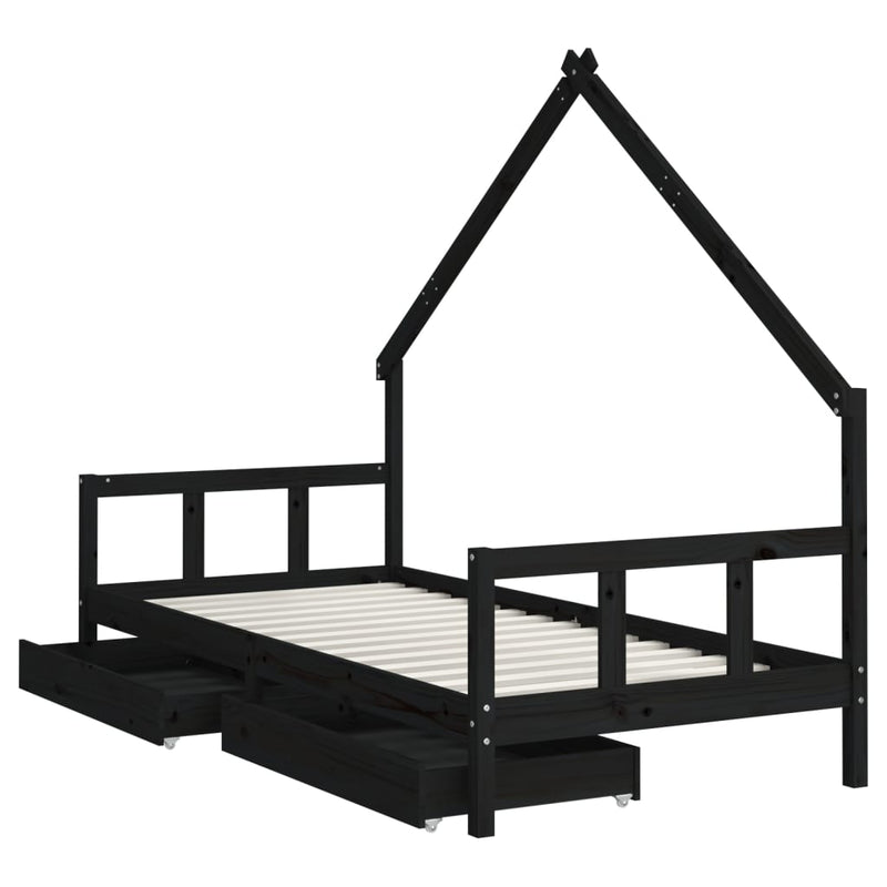 vidaXL fekete tömör fenyőfa gyerekágykeret fiókokkal 90 x 200 cm