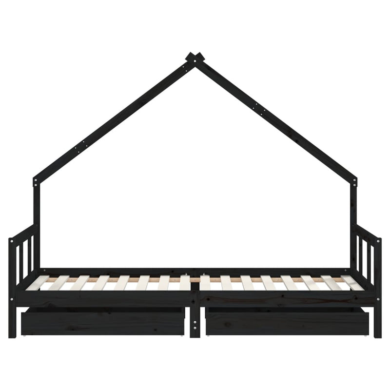 vidaXL fekete tömör fenyőfa gyerekágykeret fiókokkal 90 x 200 cm