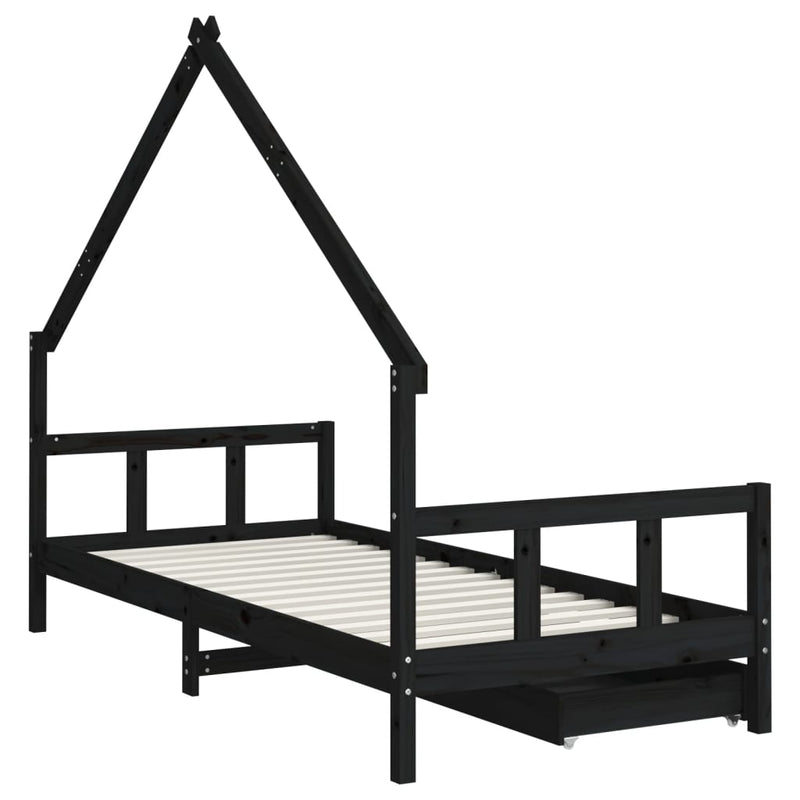 vidaXL fekete tömör fenyőfa gyerekágykeret fiókokkal 90 x 200 cm