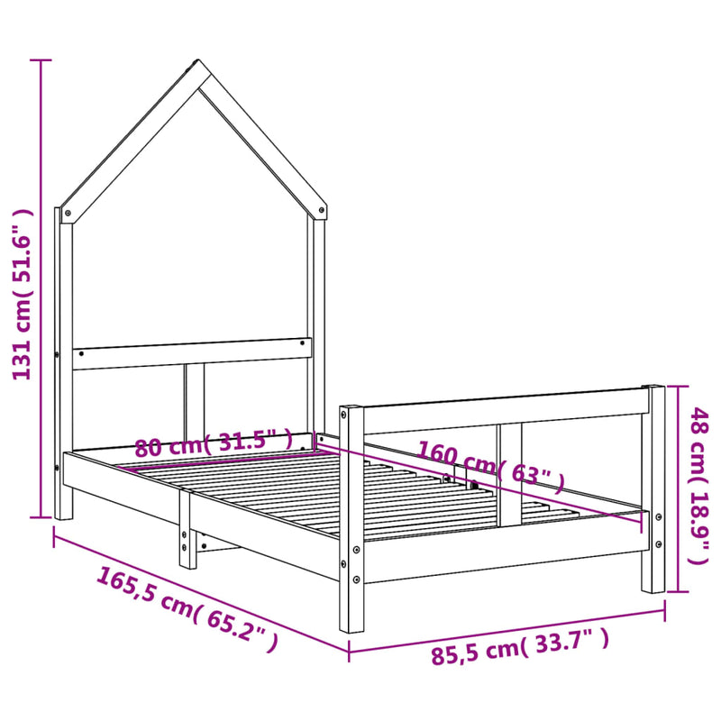 vidaXL fekete tömör fenyőfa gyerekágykeret 80 x 160 cm