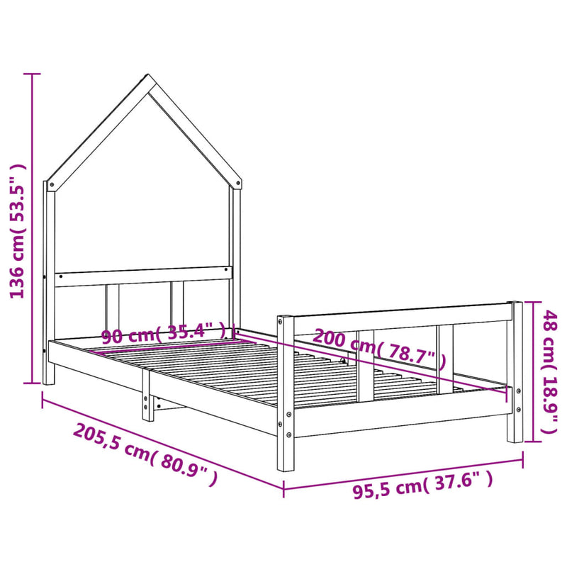 vidaXL fehér tömör fenyőfa gyerekágykeret 90 x 200 cm