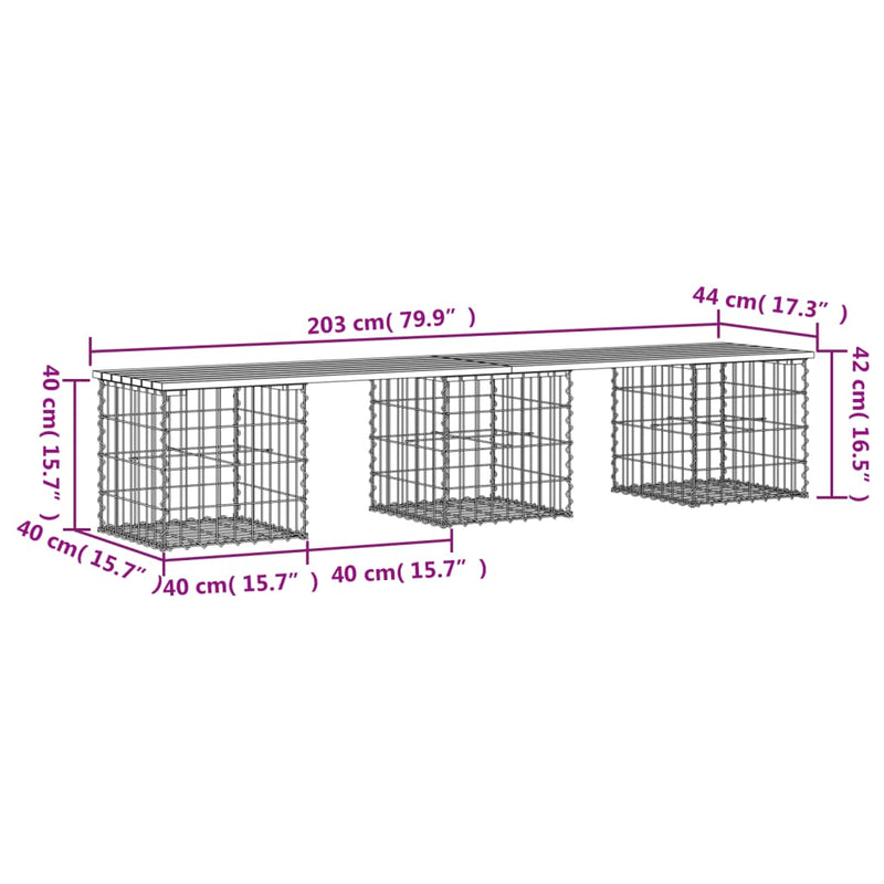 vidaXL impregnált fenyőfa gabion kerti pad 203 x 44 x 42 cm