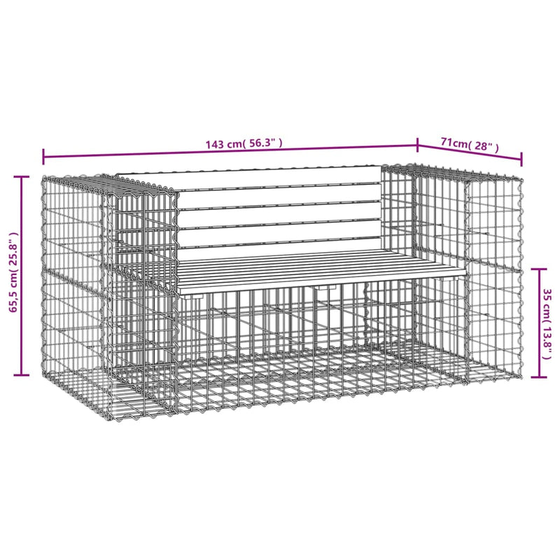 vidaXL tömör fenyőfa gabion kerti pad 143x71x65,5 cm