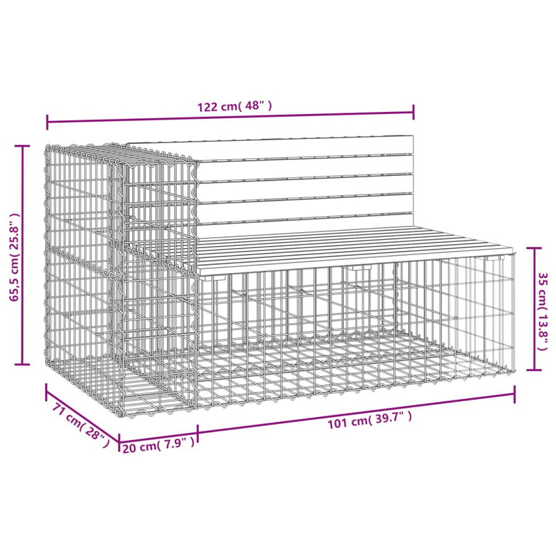 vidaXL tömör fenyőfa gabion kerti pad 122x71x65,5 cm